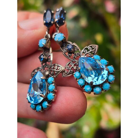 Vintage NIKOLAS FRANGOS Blue Swarovski Crystal Chandelier Earrings, Stunning! - Picture 8 of 10